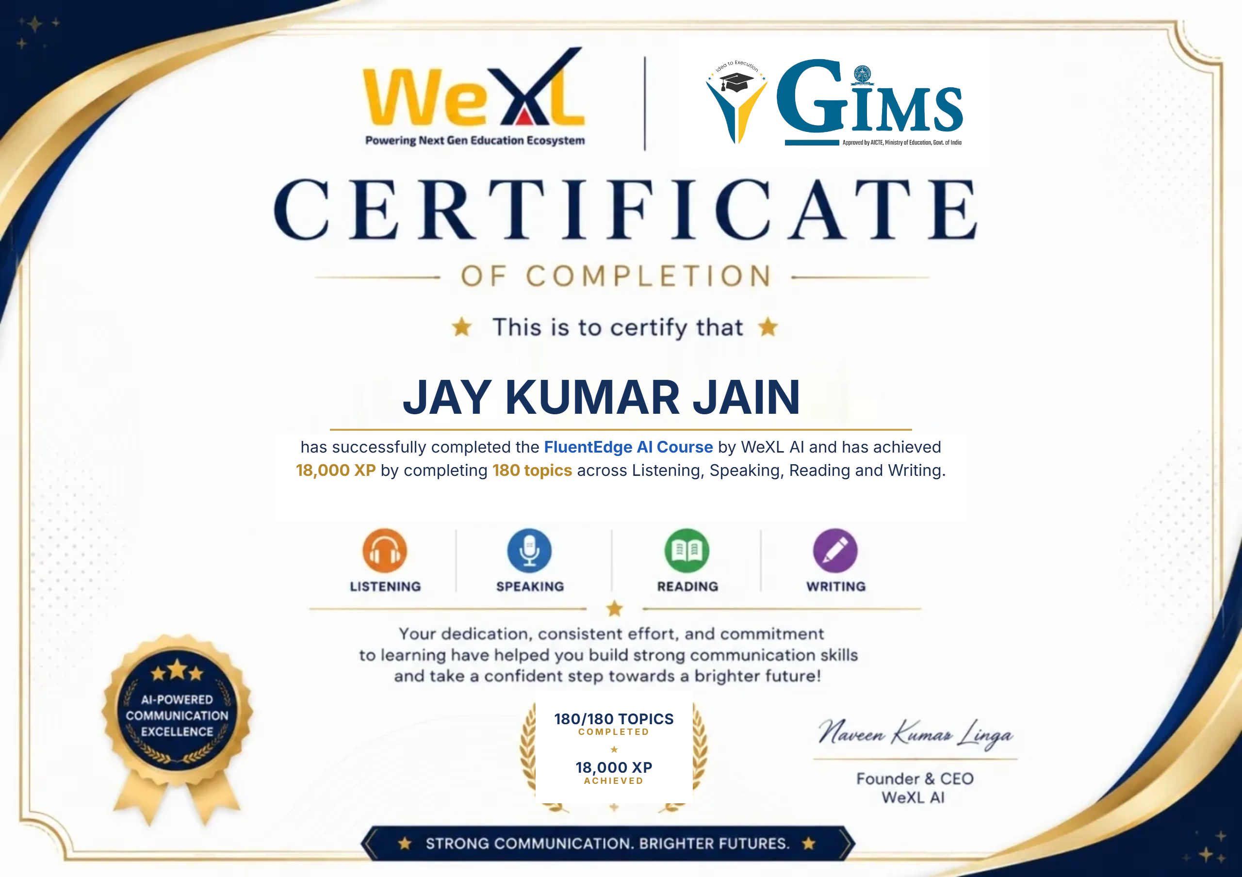 JAY KUMAR JAIN  &mdash; Certificate of Completion