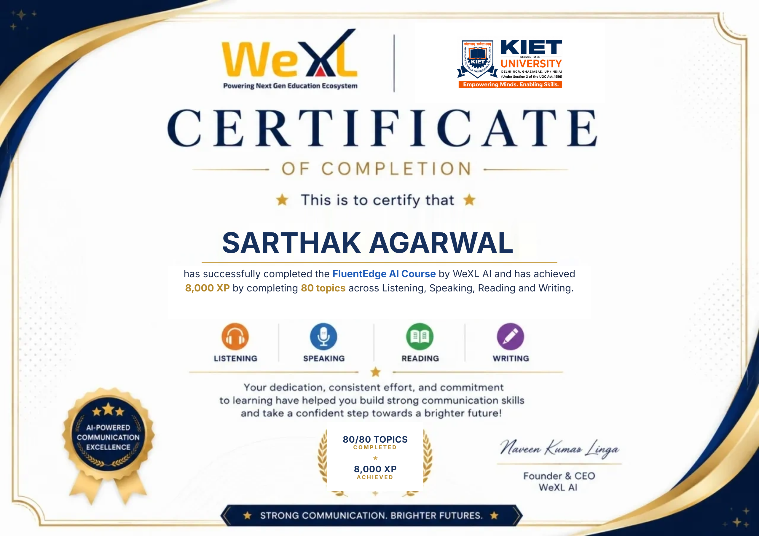 SARTHAK AGARWAL  &mdash; Certificate of Completion